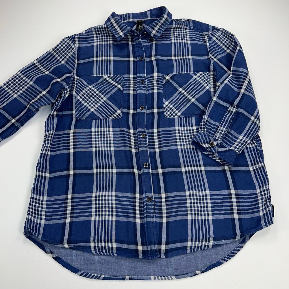 Seven7 Double Layer Gauzy Cotton Blue Plaid 3/4 Sleeve Button Up Shirt Size M